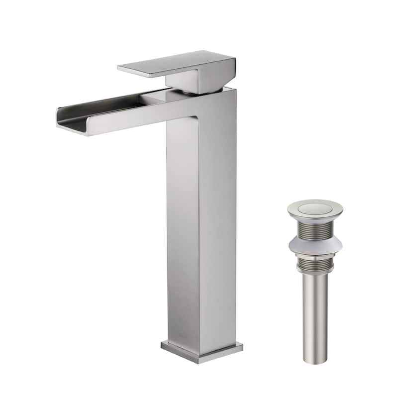 Waterfall Single Handle Bathroom Vessel Sink Faucet with Pop Up Drain - Brushed Nickel