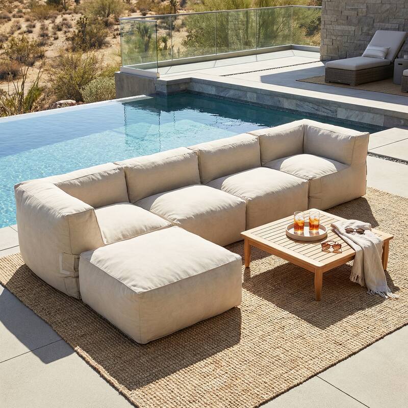 Christopher Knight Home - Nerissa 5-Piece Modular Outdoor/Indoor Bean Bag Sectional Sofa Set with Shredded Foam Filled & Ottoman - Beige