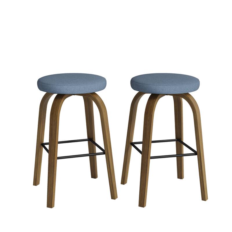 Swivel Bar Stools Set of 2, Bar Height Backless 30″Bar Stool, Fabric Upholstered Seat, Sturdy Wood Legs and Metal Footrest