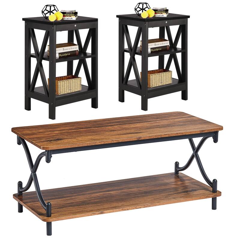 Javlergo Modern 3 Piece Coffee Table Set for Living Room Include Wood Coffee Table and End Table Set of 2 - Brown-Black Side Table