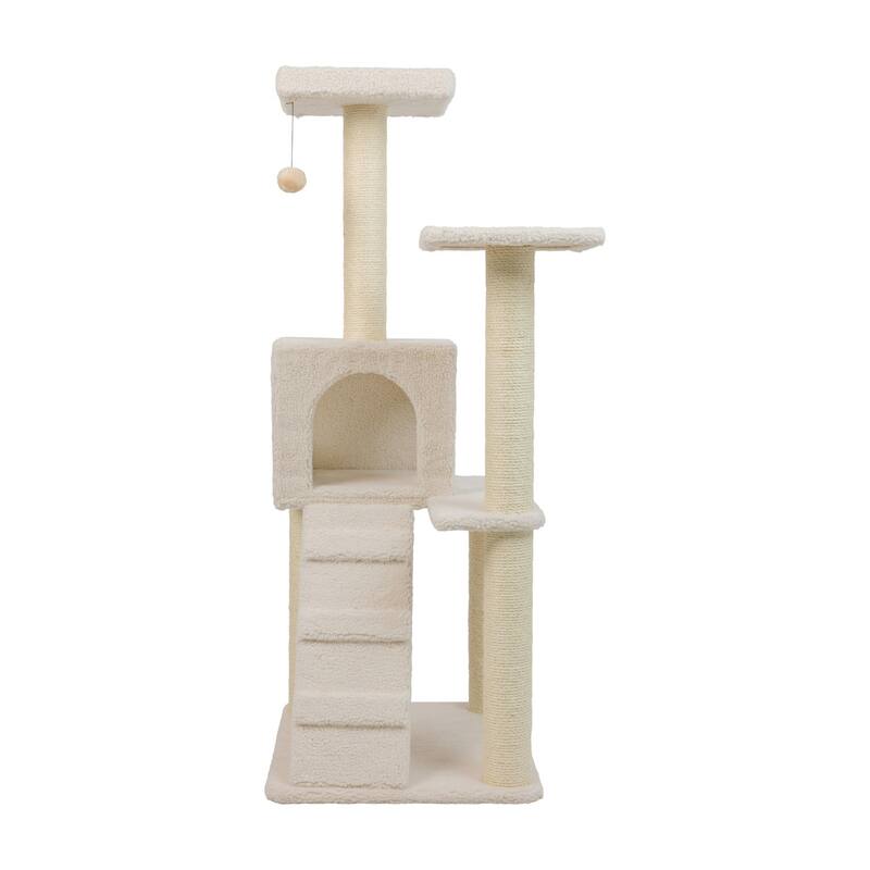 Ivory Fleece Covered 53" High Real Wood Cat tree
