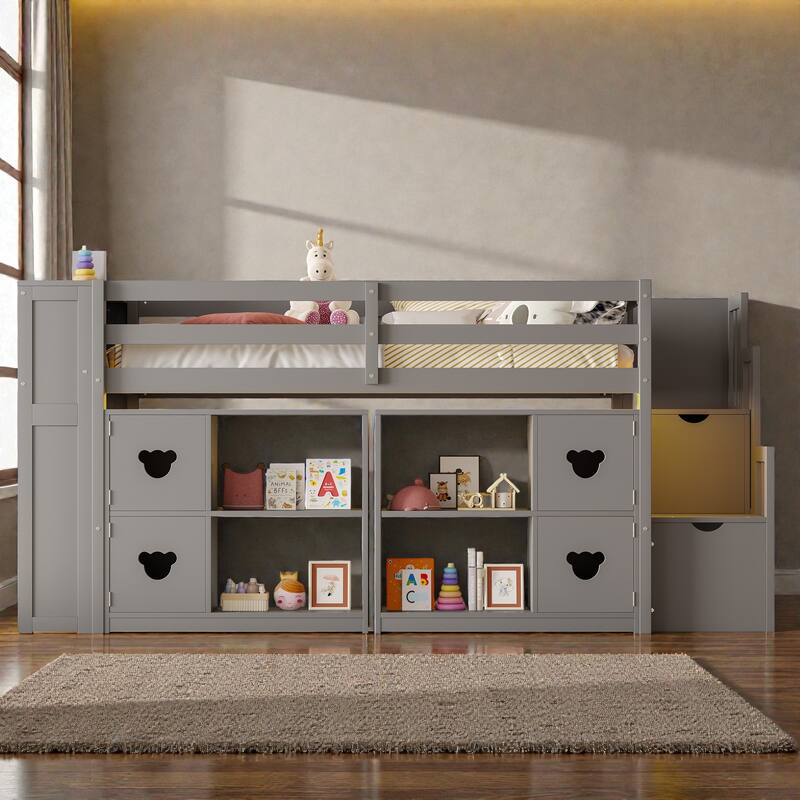 Twin Low Loft Bed with Storage Headboard, Shelves, Stair Drawers & LED Lights, Space-Saving Kids Wooden Loft Frame - Grey - Twin