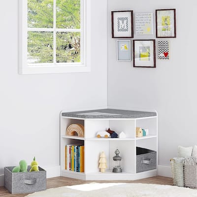 UTEX Corner Reading Nook, Bench with Storage, Corner Cabinet with 3 Cubbies for Living Room, Bedroom, White