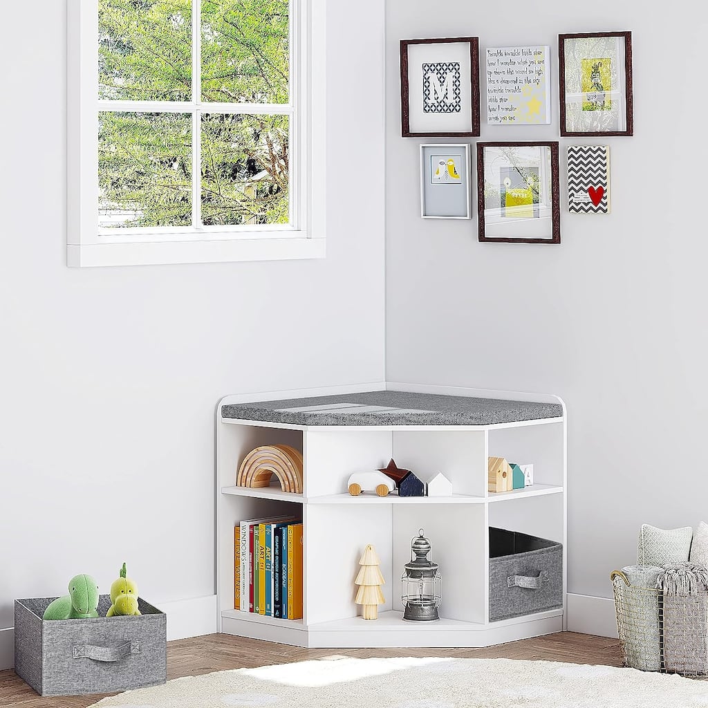 UTEX Corner Reading Nook, Bench with Storage, Corner Cabinet with 3 Cubbies for Living Room, Bedroom, White