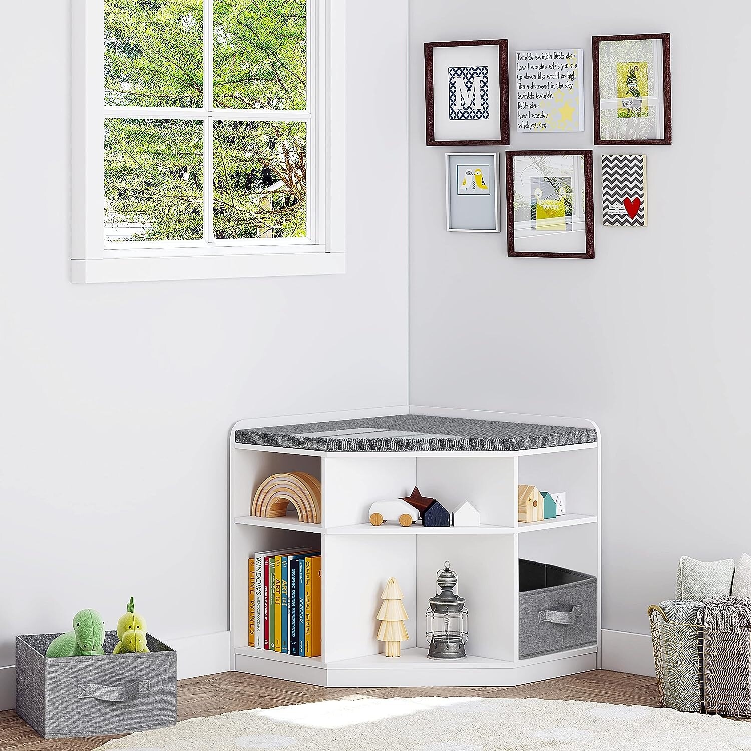 UTEX Corner Reading Nook Bench with Storage Corner Cabinet with 3 Cubbies for Living Room Bedroom White On Sale Bed Bath Beyond 38933322