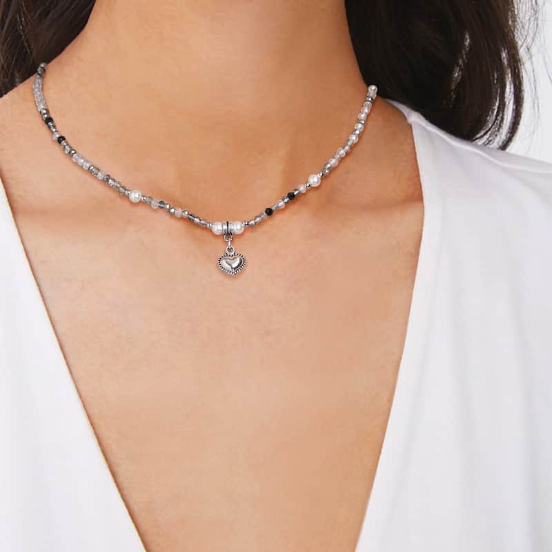 Victoria Townsend Silver Plated Heart Pendant & Gray Bead Necklace