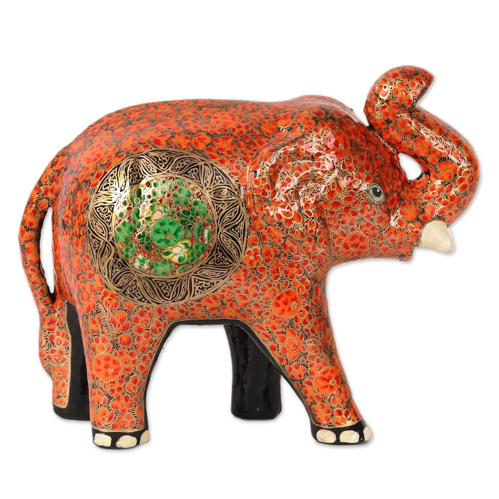 Novica Handmade Cute Baby Elephant In Orange Papier Mache Sculpture