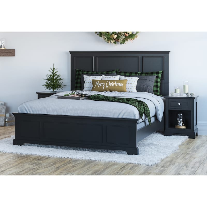 Homestyles Bedford Black Wood Queen Bed and Nightstand