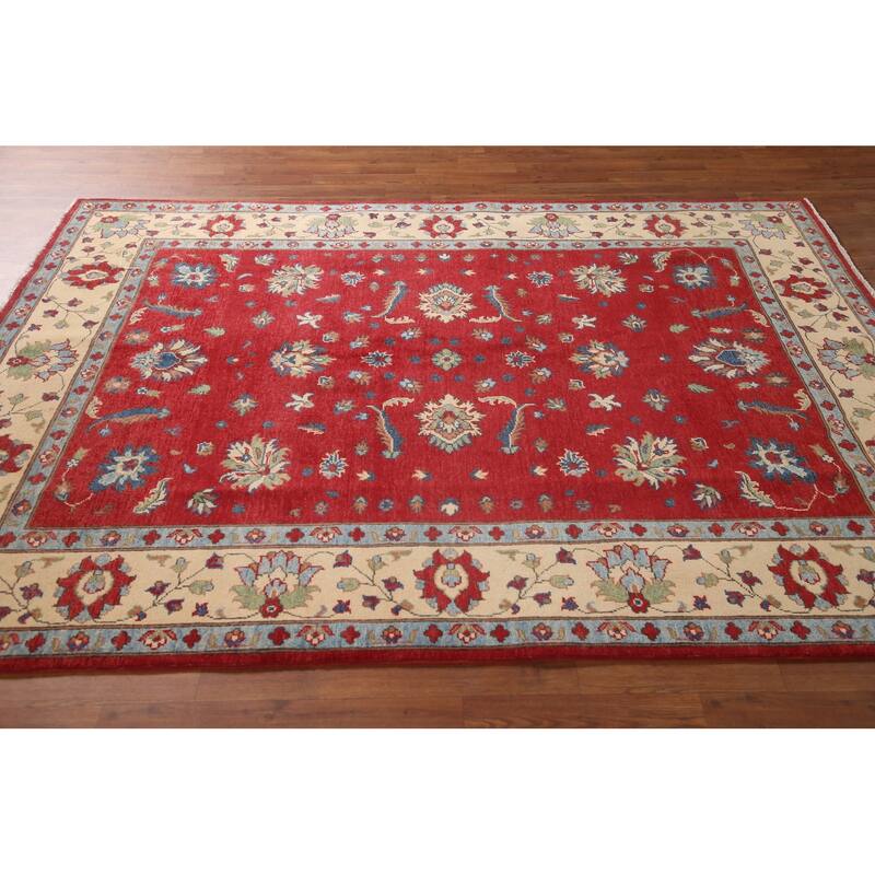 Red Kazak Area Rug Hand-Knotted Floral Wool Carpet - 5'9" x 7'8"