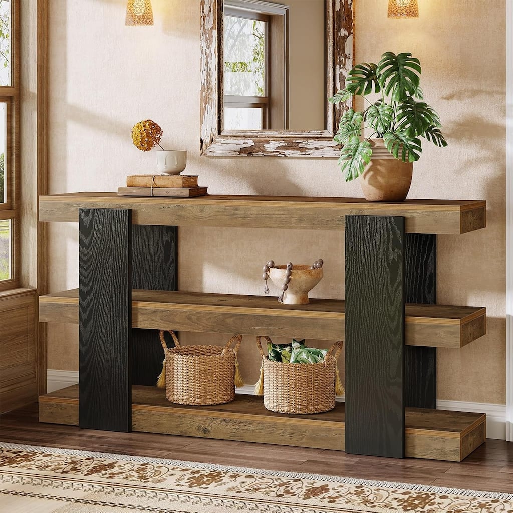 63 Inches Long Console Table, 3 Tiers Entryway Table with Storage, Behind Couch Sofa Table