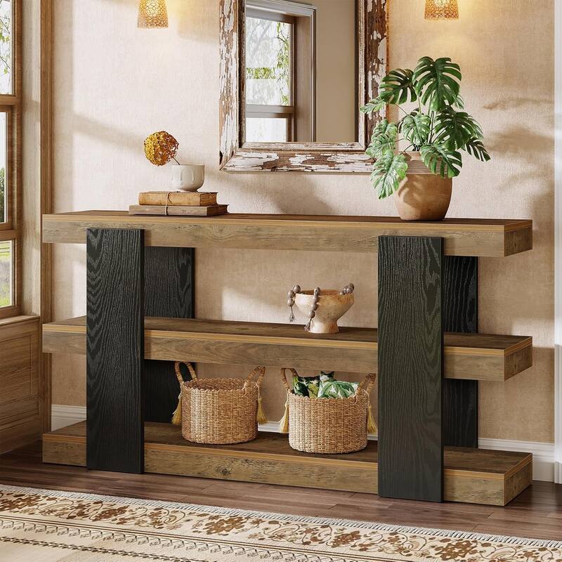 63-Inch Long Console Table, 3-Tier Farmhouse Wood Entryway Table with Storage - 63" L x 10.63" W x 33.27" H