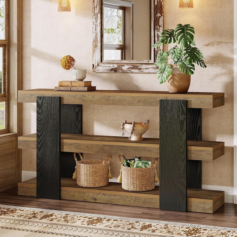 63 Inches Brown/ Black Console Table, 3-Tier Farmhouse Entryway Table with Storage - Brown & Black