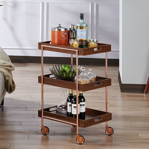 slide 2 of 7, Highland Contemporary Walnut Metal 3-Shelf Kitchen Cart by The Curated Nomad
