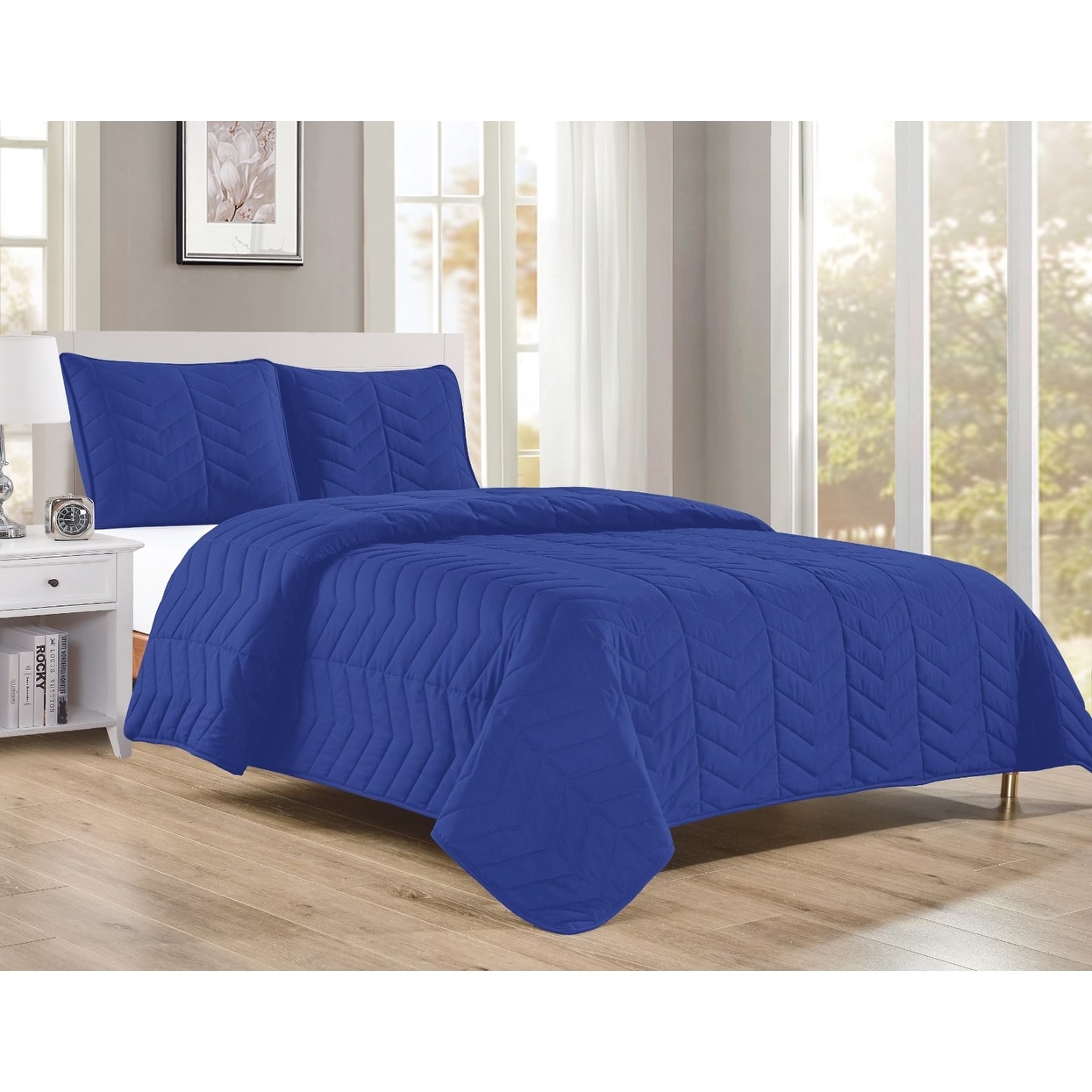 Royal Blue King Size 3 Piece Quilt Set Pillow Shams Soft Plush