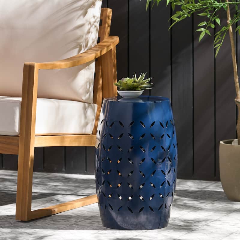 Roomfitters Accent Side Table, 12" Round Metal End Table with Artistic Cutout Design for Indoor or Outdoor Use, Dark Blue