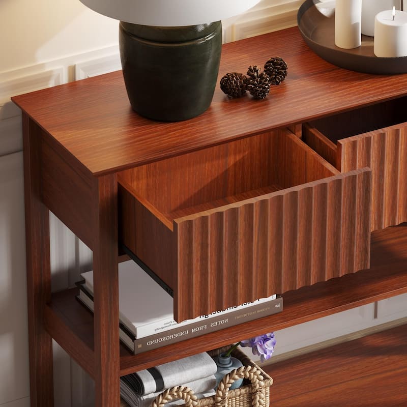 Modern Entryway Accent Table with Fluted Panels, Console Table with 3 Drawers, Hallway Sofa Table with Display Shelf