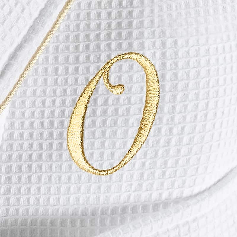 Authentic Hotel and Spa White/Gold Unisex Turkish Cotton Waffle Weave Terry Bath Robe with Gold Script Monogram