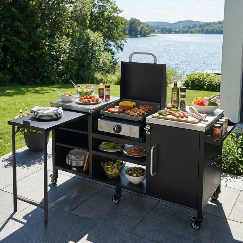 72.4" Outdoor Kitchen Island for Large Big Green Egg,Metal Outdoor Grill Cart with Fold-out Prep Table and Adjustable Shelves