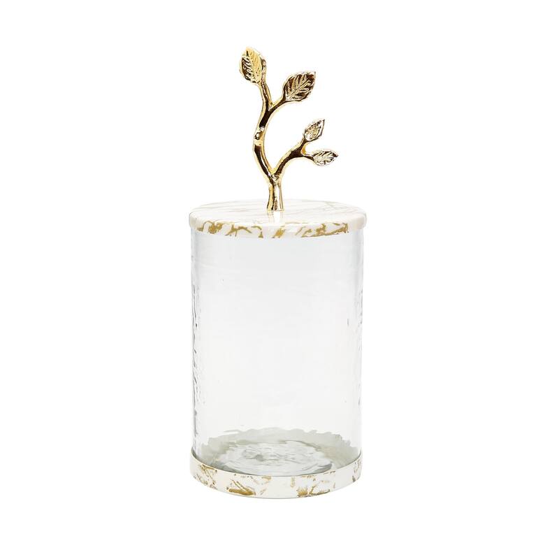 Glass Canister with White/Gold Marble Lid and Leaf Handle