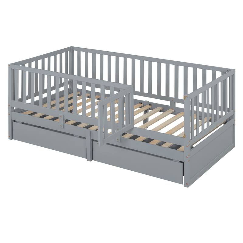 Pine Wood Daybed Floor Bed Frame with Fence Guardrails and 2 Drawers, Converts into Two Individual Beds, No Box Spring Needed