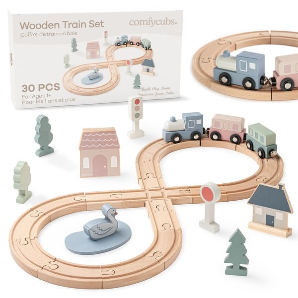 slide 2 of 7, 30-pc Wooden Train Set for Toddlers Ages 1+ by Comfy Cubs - 30 Pieces