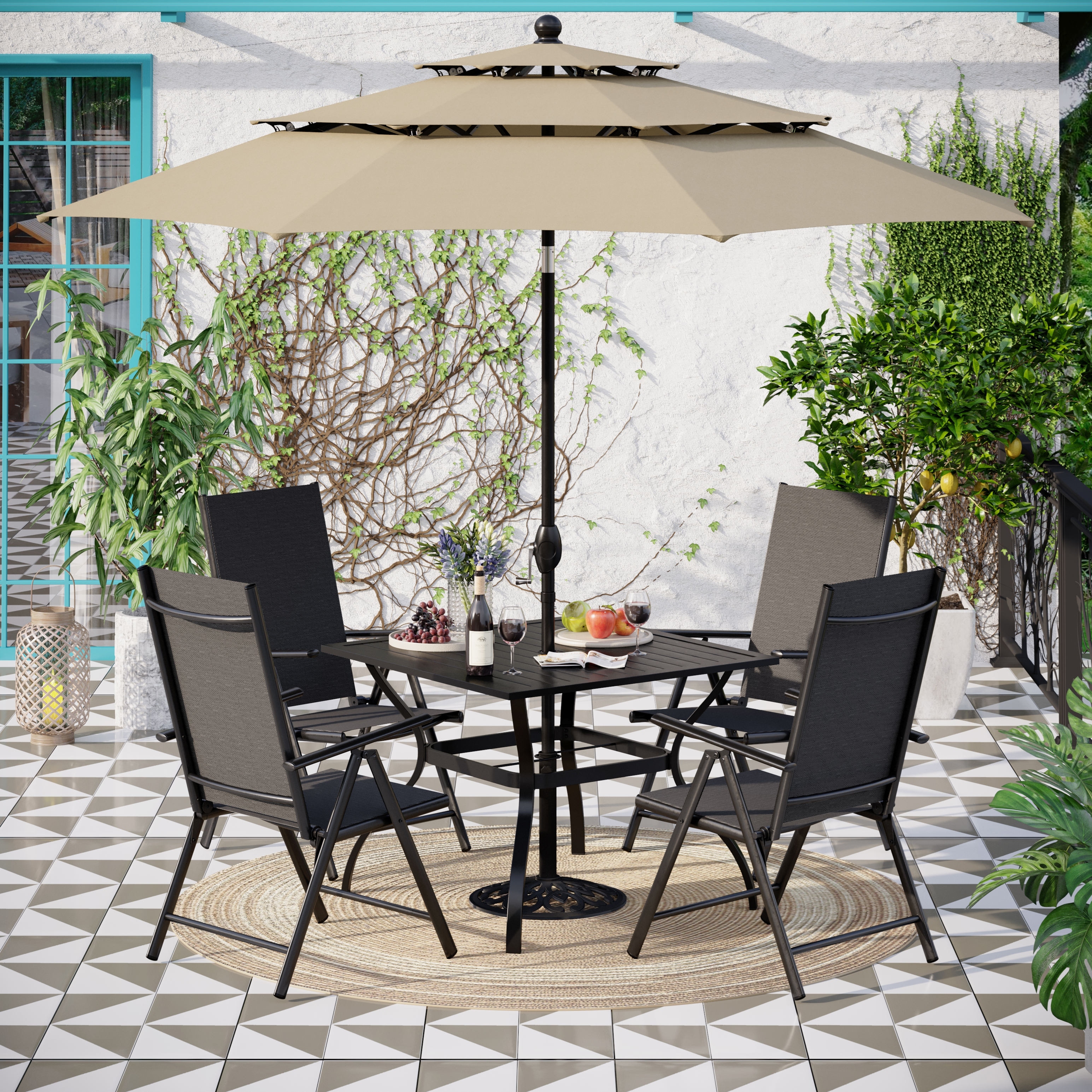 MAISON ARTS Outdoor 6 Pieces Patio Dining Set, 1 Square Metal table, 4 Adjustable Folding Chairs and 10ft Umbrella