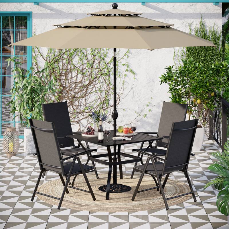 Outdoor 6-piece Patio Dining Set, 1 Square Metal table, 4 Adjustable Folding Chairs and 10ft Umbrella