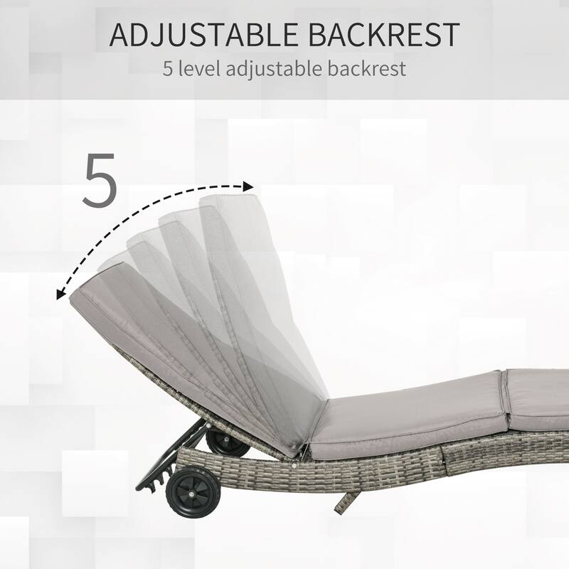 Outdoor Chaise Lounge with PE Rattan Cushioned, Patio Sun Lounger with 5-Level Adjustable Backrest & Wheels