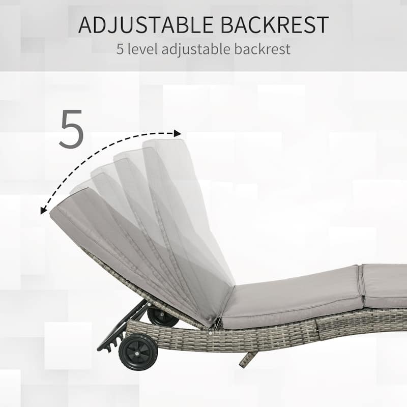 Outsunny Chaise Lounge Pool Chair, Outdoor PE Rattan Cushioned Patio Sun Lounger with Adjustable Backrest and Wheels