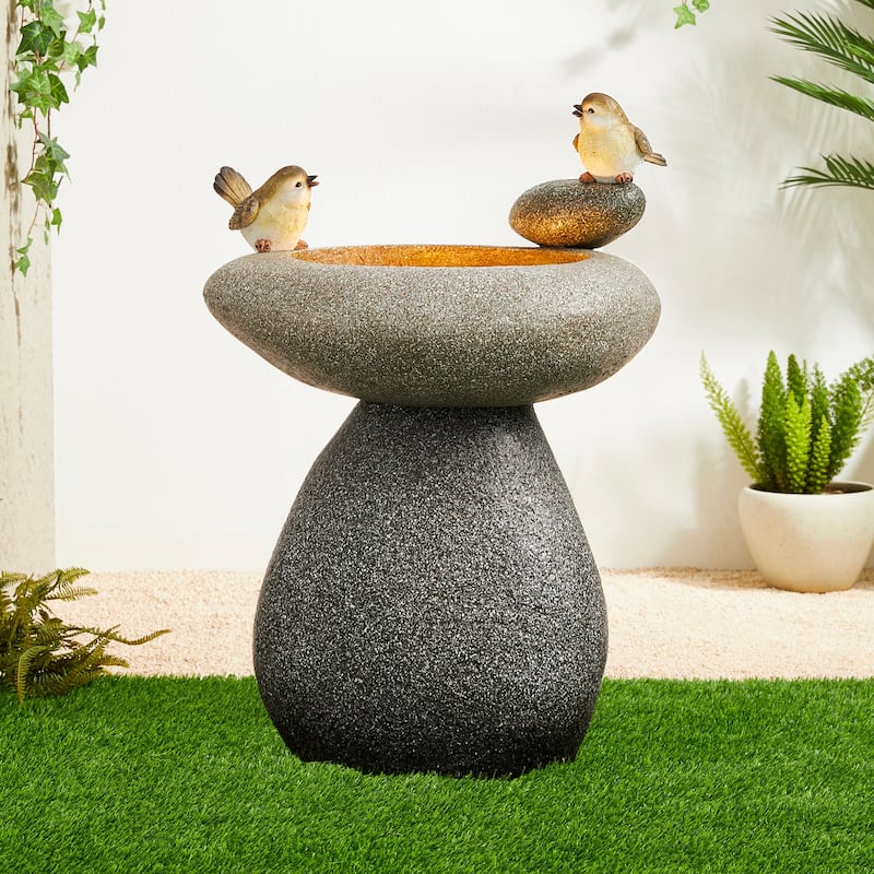 Glitzhome 24-inch Outdoor 2-tier Faux Pebbles Polyresin Birdbath Fountain with Pump