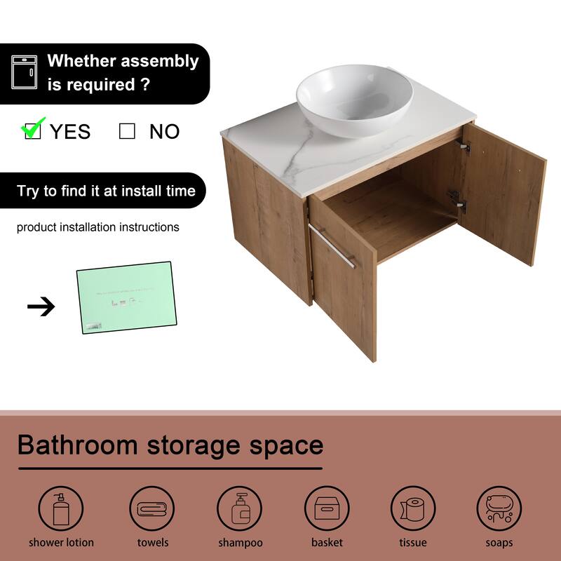 BNK 24"/30" Single Sink Bathroom Vanity with Soft Close Door, Modern Floating Vanity