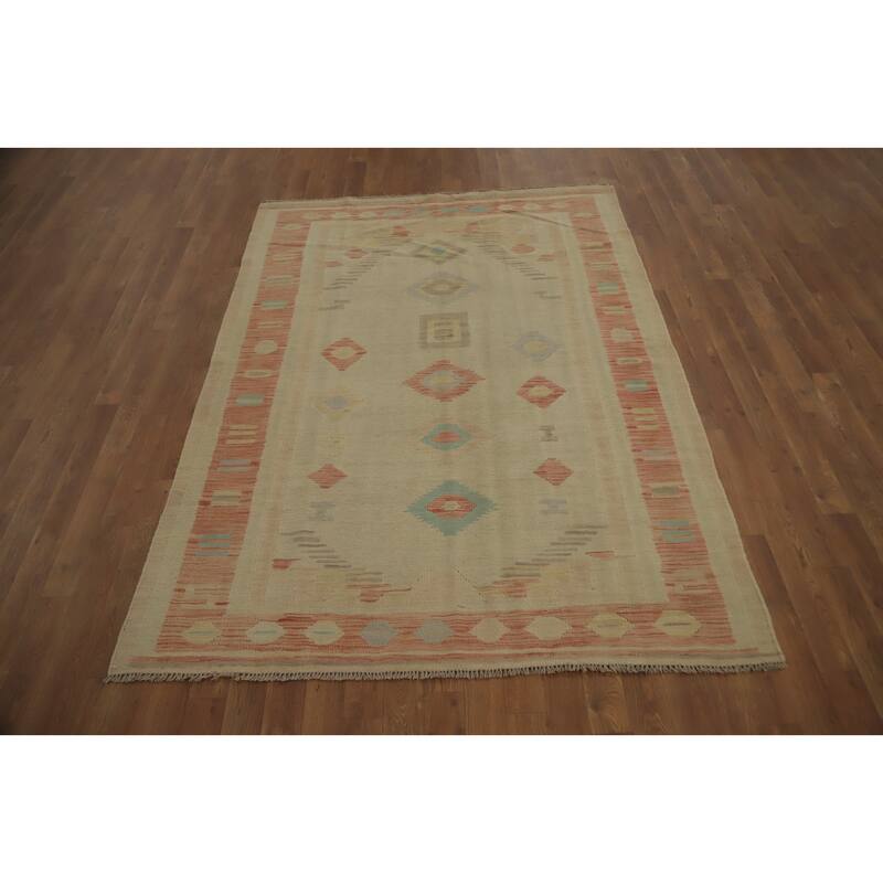 Hand Woven Oriental 100% Wool Carpet Southwestern Tribal Beige & Ivories Kilim Area Rug - 6' 7'' X 4' 9''