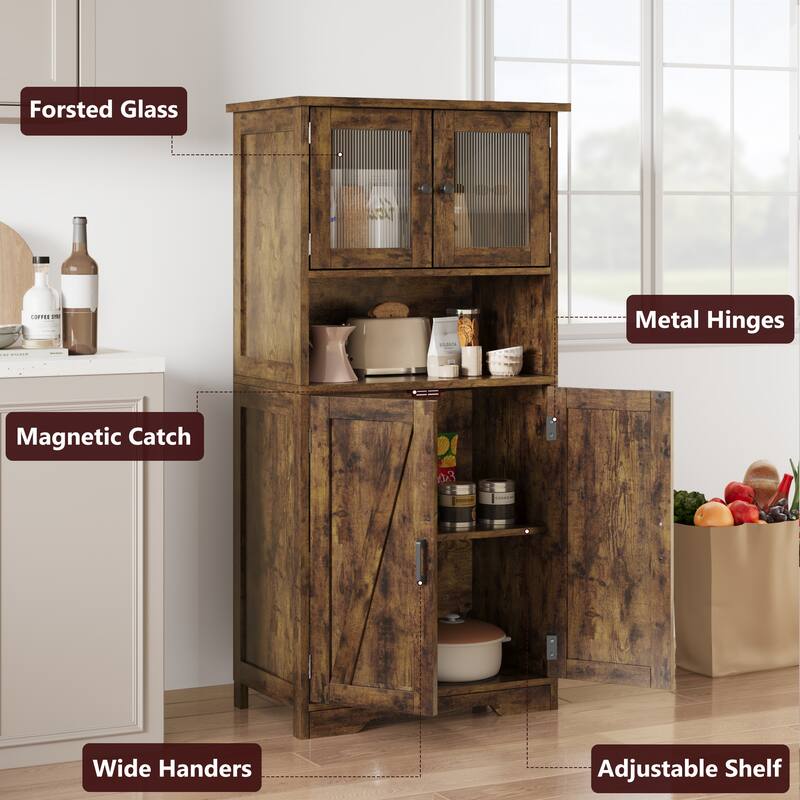 Kitchen Pantry Storage Cabinet with Glass Doors & Adjustable Shelves