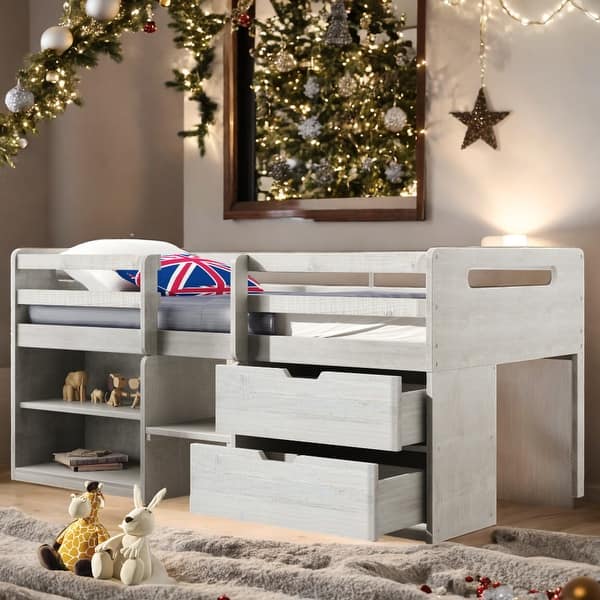 slide 2 of 57, Contemporary Design Twin size Loft Bed with Two Shelves and Two drawers, Unique Quality Assurance, Solid Construction,聽