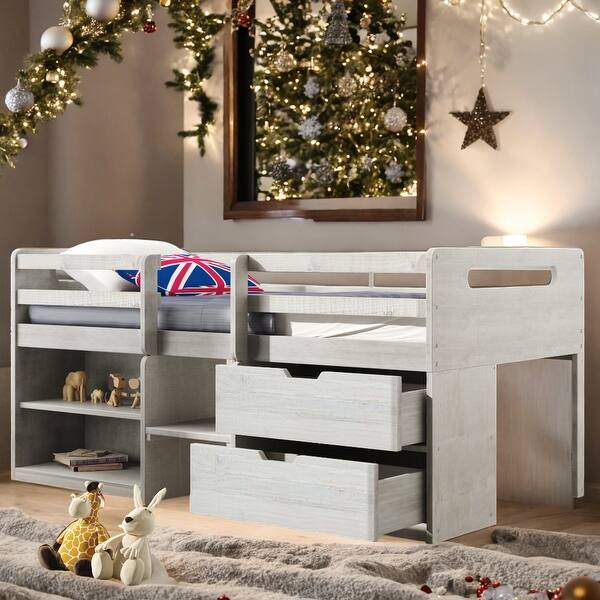 slide 2 of 30, Twin size Loft Bed with Two Shelves and Two drawers, Antique White White