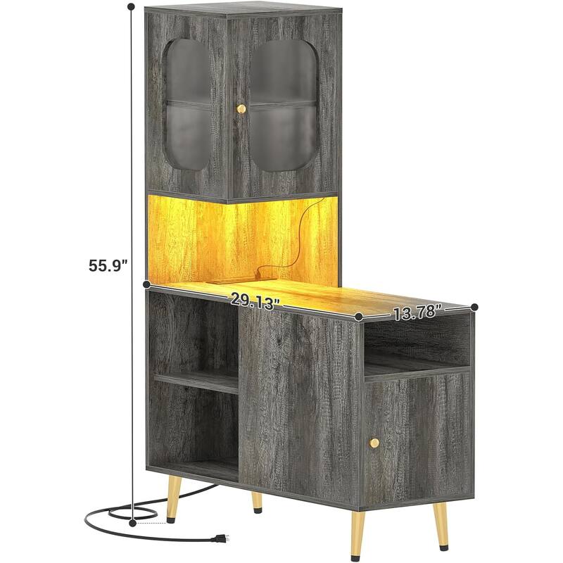 Reversible Corner Storage Cabinet with LED Lights and Power Outlets and Doors,Bed Side Table,Sofa Side Table