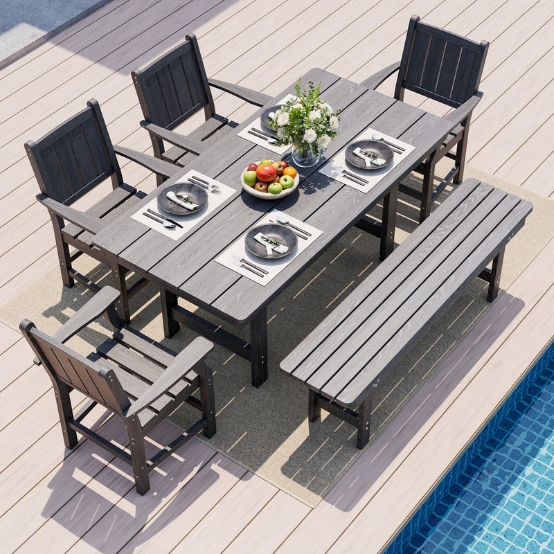 Gray 5/6-Piece HDPE Patio Dining Set with Rectangular Table & Bench