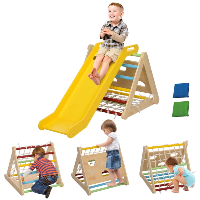 5 in 1 Pikler Triangle Set, Indoor Toddler Climbing Toys with Slide & Sandbags, Montessori Climber, Baby Gym Play Set - Multicolor