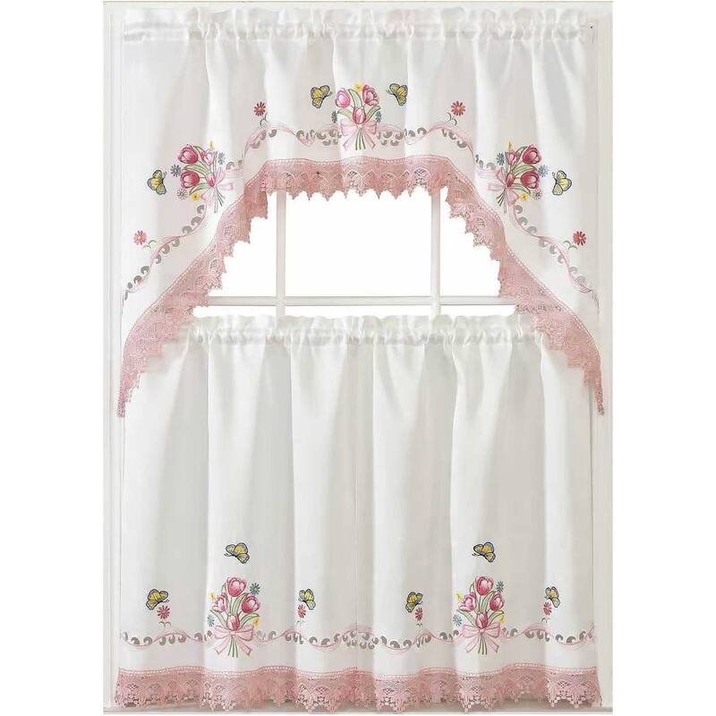 White Pink Bitterly Embroidery Kitchen Curtain 3PC Set Swag & Tiers Set
