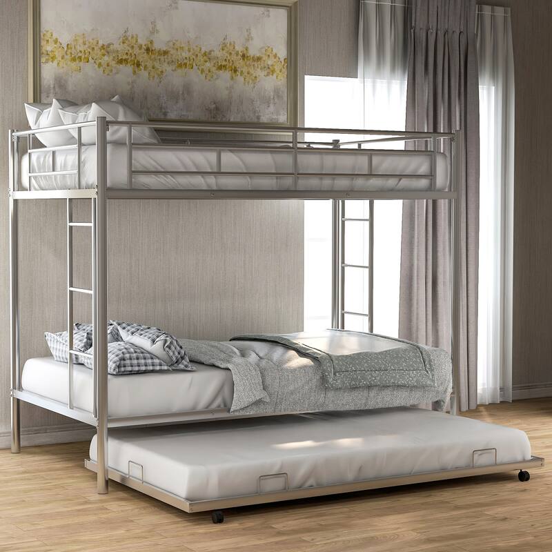 Twin over Twin Bunk Bed with Trundle, Silver, Metal Frame, Space-Saving Design - Silver