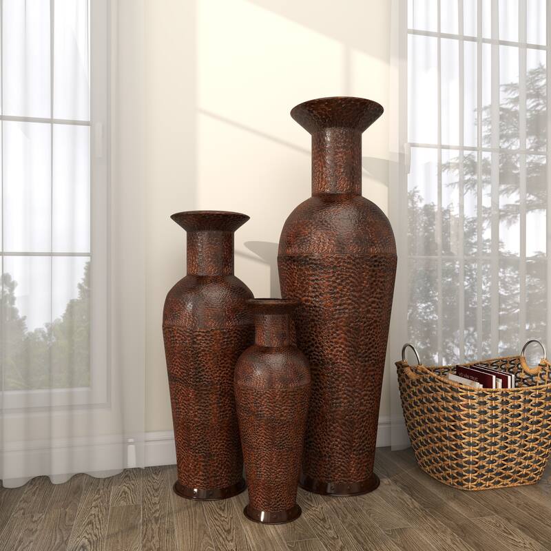 Hammered Iron Metal Rustic Traditional Floor Vase Set (3)