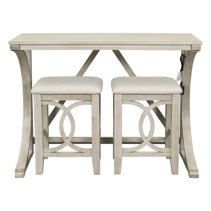 Farmhouse 3-Piece Counter Height Dining Table Set with Built-in USB Ports and Upholstered Stools for Small Spaces