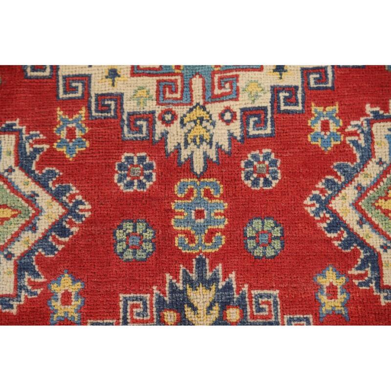 Geometric Red Kazak Area Rug Hand-Knotted Traditional Wool Carpet - 4'11" x 7'1"