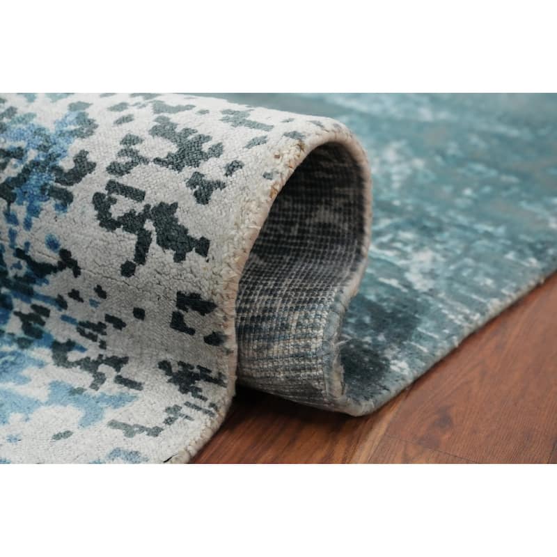 Hand Knotted Oriental Viscose Silk Carpet Modern Pictorial Navy Blue & Blues Abstract Area Rug - 7' 10'' X 5' 8''
