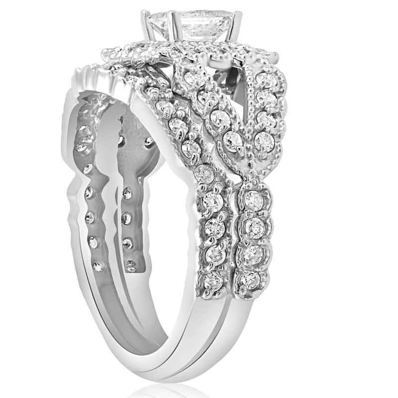 1 1/10ct Princess Cut Halo Diamond Engagement Ring White Gold Vintage Antique