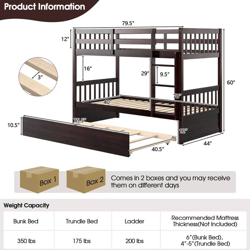 Costway Twin Over Twin Bunk Bed with Twin Trundle Solid Wood Frame - See Details