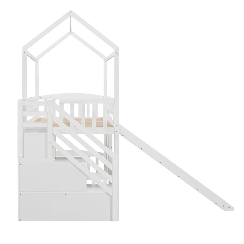 Twin Loft Bed with Two Drawers and Slide, House Bed with Slide