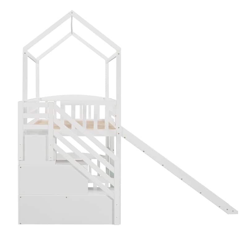 Twin Pine Loft House Bed with Storage Stairs and Slide