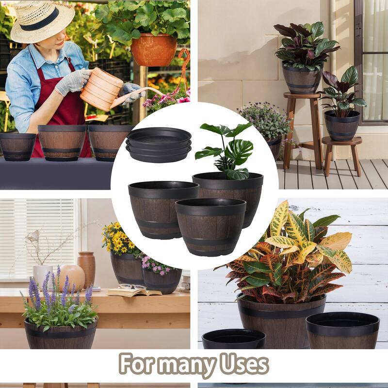 Javlergo 3 Pack 9" Barrel Planters Set with Drainage Holes PP Plastic Plant Pot Set for Indoor Use Outdoor Garden