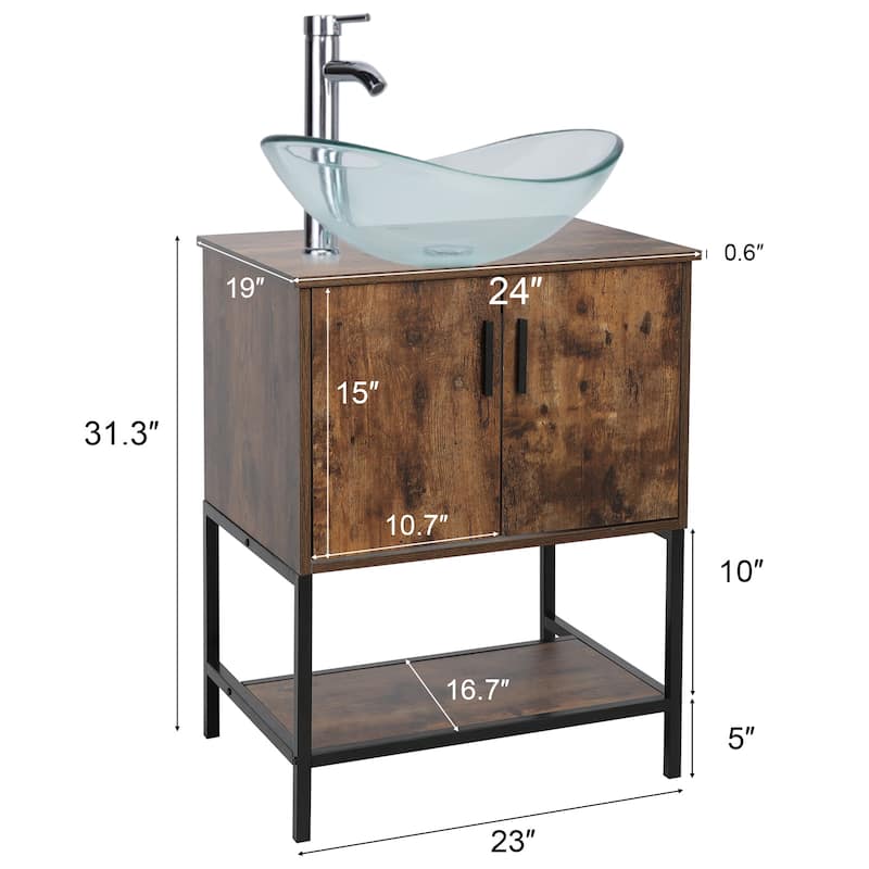 24" Bathroom Vanity Sink Set Brown Free-standing Manufactured Wood with Sink Faucet Drain Combo